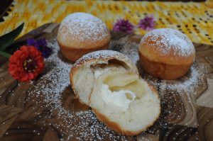 tea buns with farmers cheese filling and powdered sugar dusting