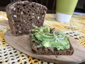 estonian dark rye toast with avocado and leek