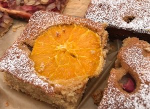 slice of spelt rhubarb orange cake