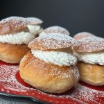 vastlakukkel, cardamom bun cardamom buns topped with jam, and whipped heavy cream & farmers cheese
